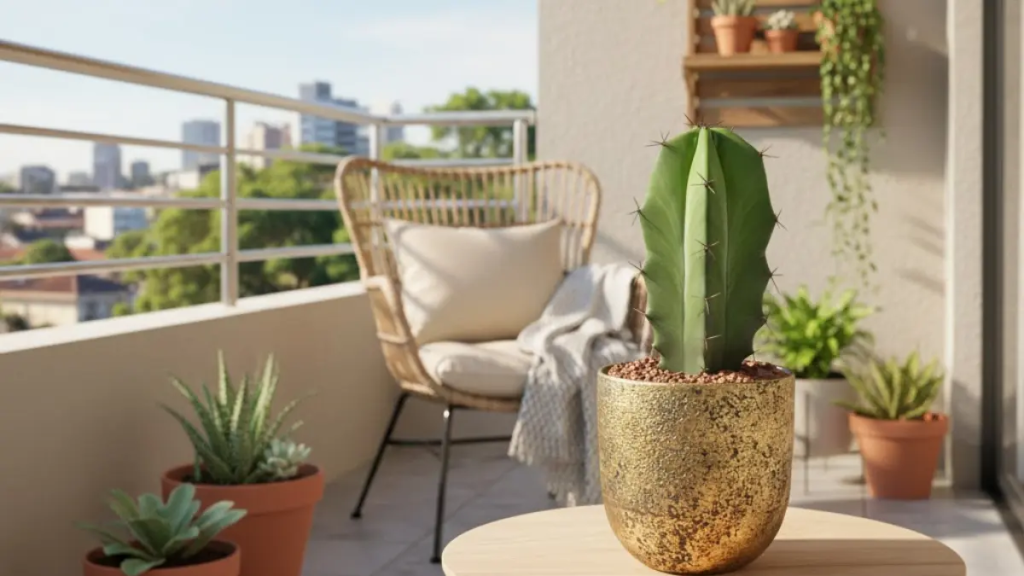 Cacto Mandacaru em vaso dourado sobre mesa de madeira em uma sacada de apartamento iluminada pelo sol.