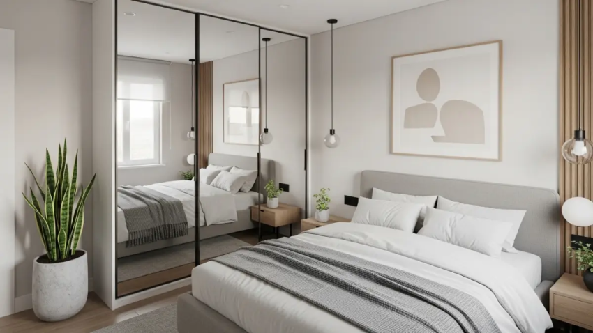 Quarto de casal pequeno decorado em tons neutros com espelhos e iluminação natural.