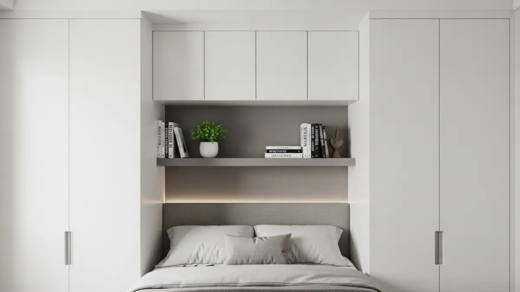 Prateleiras e armários aéreos instalados acima da cabeceira da cama de casal.