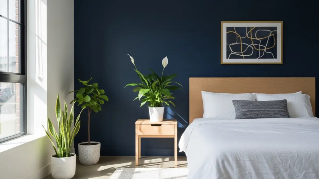 Parede de destaque em azul marinho no quarto de casal promovendo tranquilidade e sono profundo.