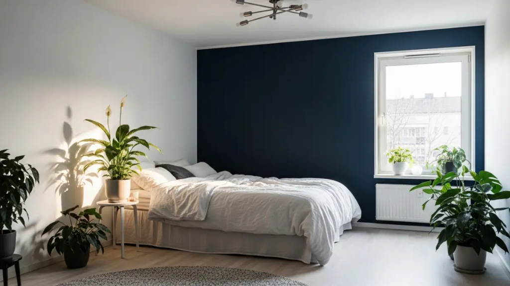 Parede de destaque em azul marinho no quarto de casal promovem descanso e bem estar.