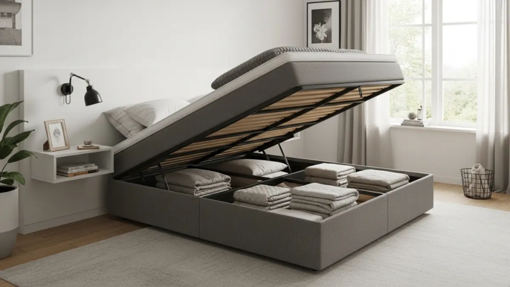 Cama box baú aberta mostrando espaço de armazenamento interno em quarto pequeno.