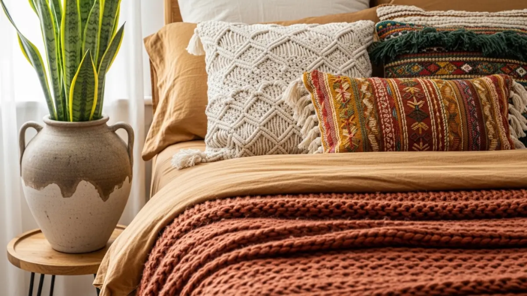 Cama de casal com camadas de lençóis de linho, manta terracota e almofadas de macramê.