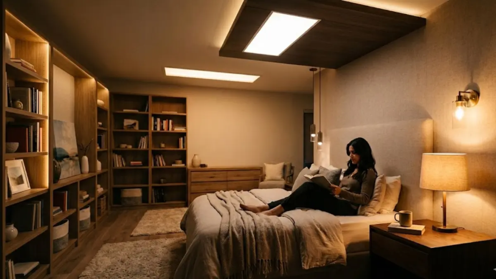 Quarto aconchegante com três camadas de iluminação: painéis de LED no teto para luz geral, abajur de mesa e arandela para luz de tarefa, e fitas de LED embutidas na estante para destaque."