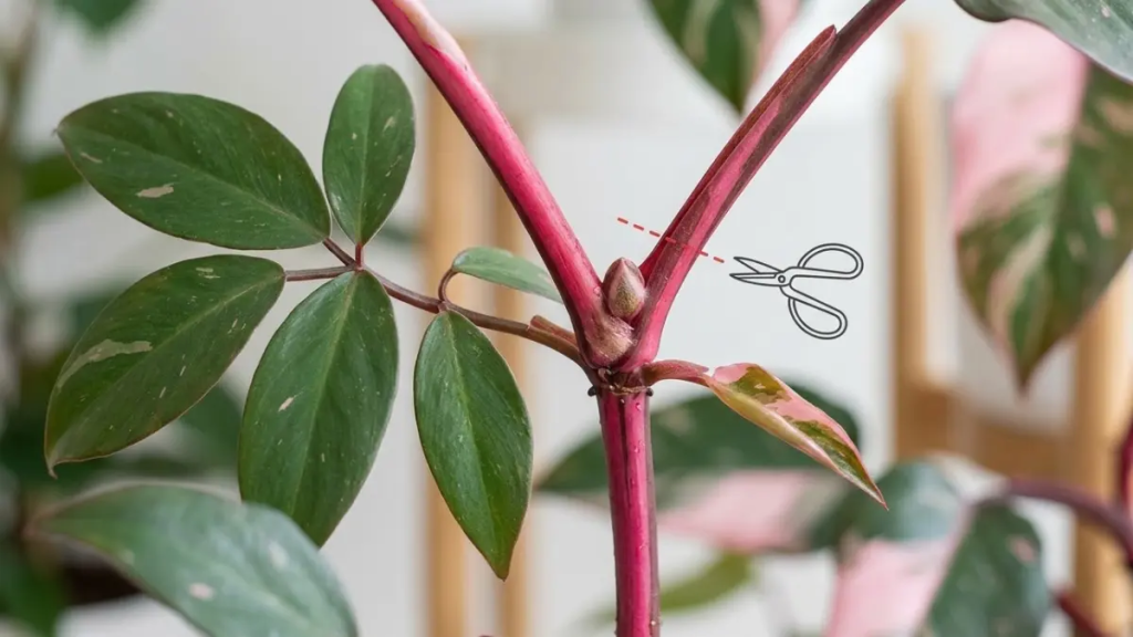 Diagrama de poda de Philodendron Pink Princess mostrando o local exato do corte acima de um nó com gema variegada para corrigir folhas verdes.