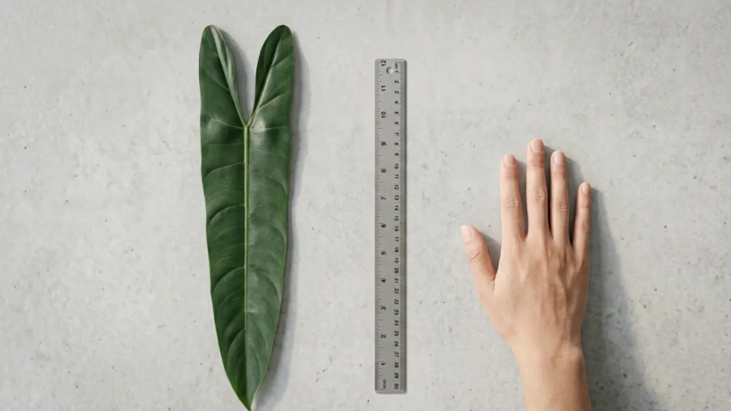 Fotografia flat-lay minimalista comparando uma folha madura de Philodendron Spiritus Sancti com uma régua de 12 polegadas (30cm) e uma mão humana, evidenciando seu tamanho impressionante.