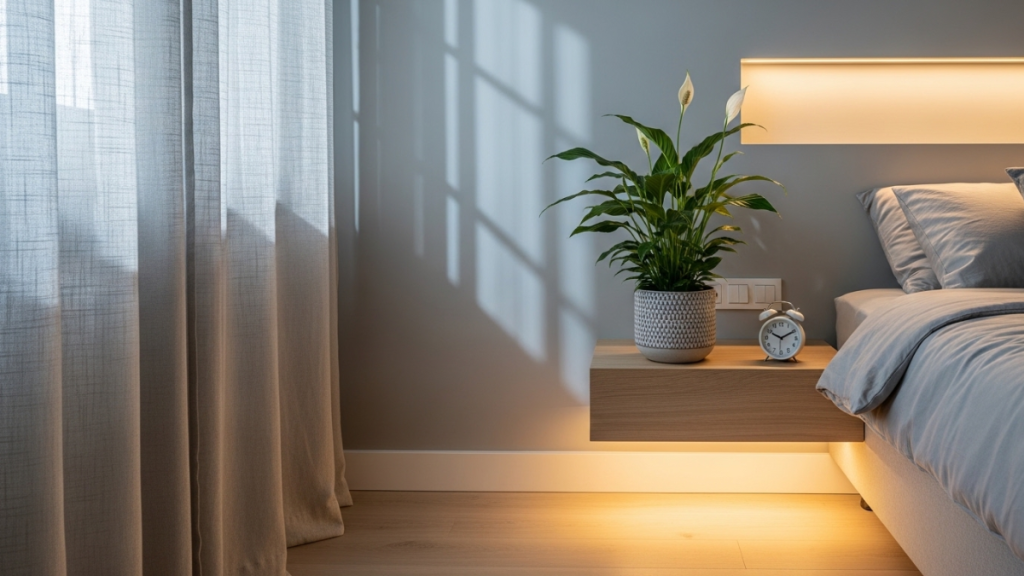 Parede cinza claro com fita de LED embutida em quarto de casal compacto.