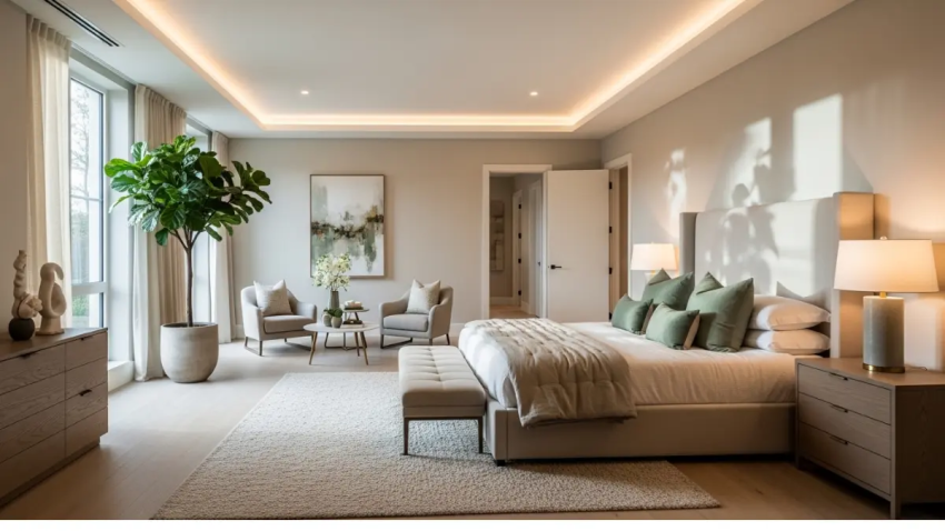 Quarto de casal moderno com paleta de cores neutras e verdes suaves para relaxamento."