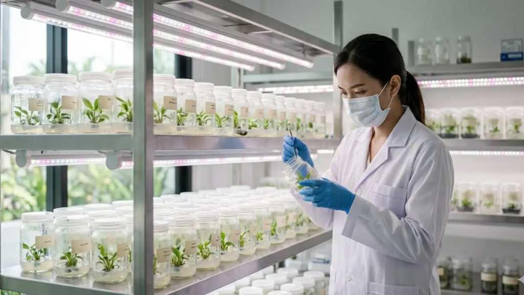 Fotografia profissional dentro de um laboratório botânico moderno, mostrando fileiras de frascos de vidro com plântulas de Philodendron Spiritus Sancti crescendo sob luzes de cultivo LED. Uma botânica inspeciona um frasco.
