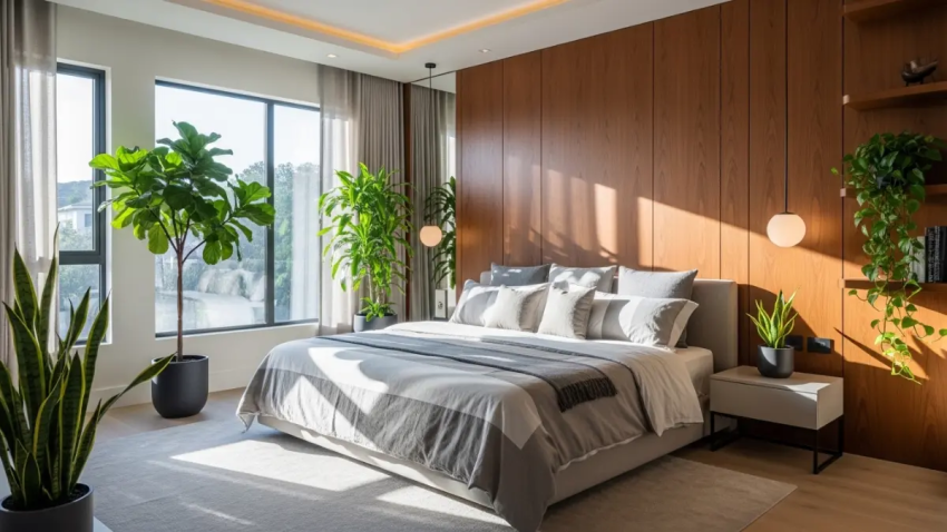 Decoração de quarto de casal moderna com cama king size, roupas de cama em tons neutros e iluminação natural suave.