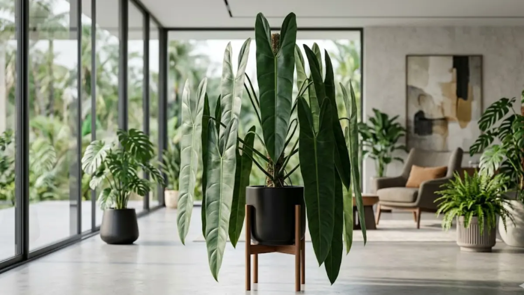 Fotografia de design de interiores de luxo mostrando um Philodendron Spiritus Sancti exuberante como peça de arte central em um stand de madeira em um apartamento sofisticado com paredes de concreto e luz natural.