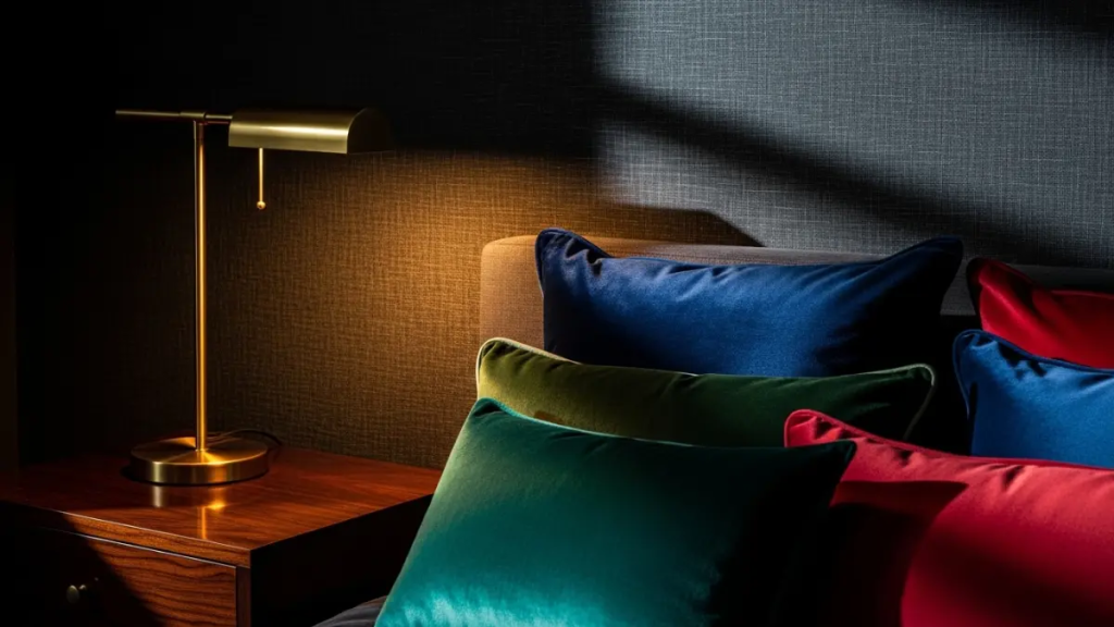 Detalhe de parede grafite com luminária dourada em quarto de casal sofisticado."