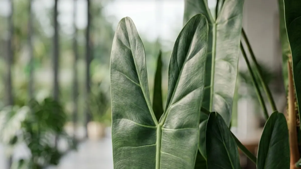 Close-up macro fotorrealista focado no ápice e na textura coriácea de uma única folha madura de Philodendron Spiritus Sancti, mostrando suas veias e brilho fosco.