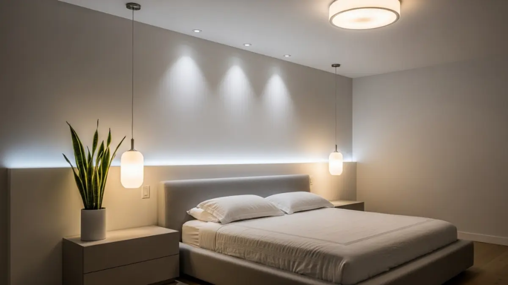 Iluminação geral, decorativa que elevam os detalhes em um quarto contemporâneo.