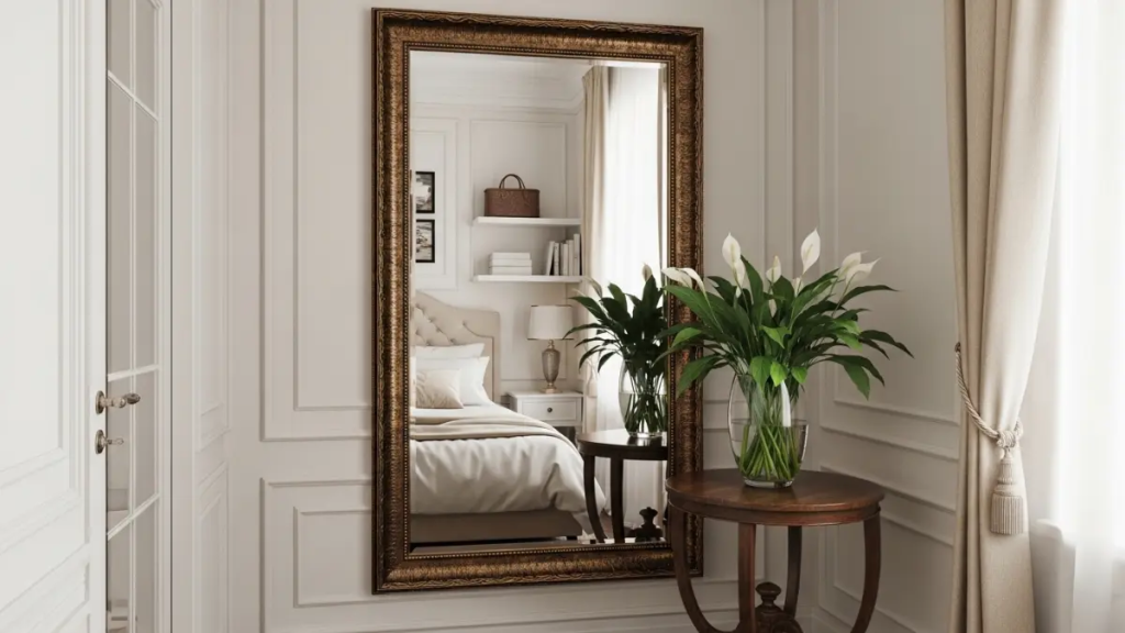 Parede de destaque com espelhos em frente à janela em quarto de casal.