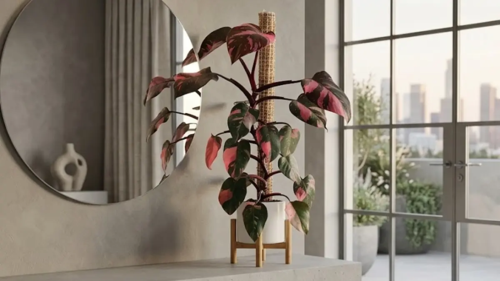 Close-up didático mostrando o caule e as folhas variegadas rosa e verdes de um Philodendron Pink Princess recebendo luz indireta brilhante perto de uma janela.