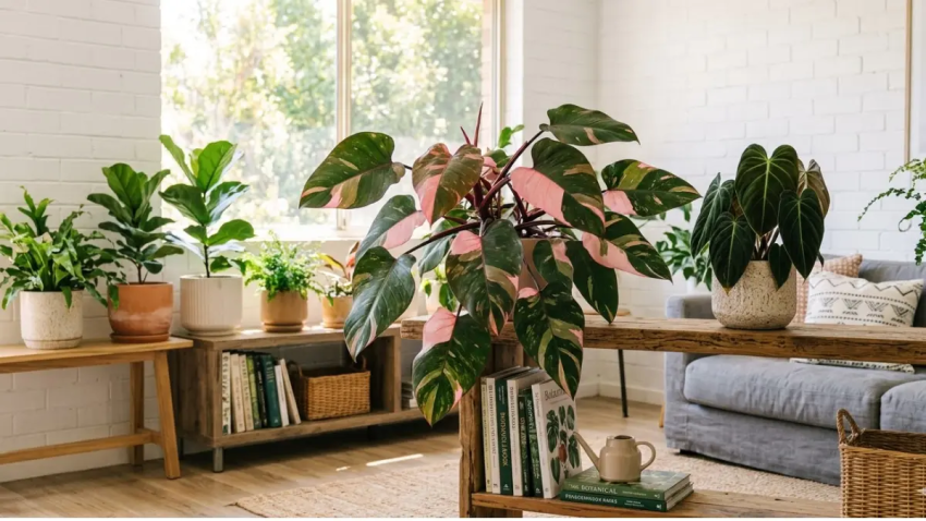 Coleção de filodendros em sala de estar moderna com Pink Princess em destaque.
