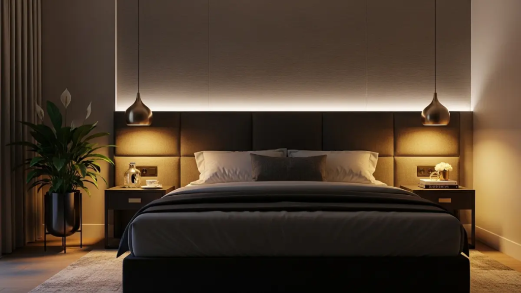 Iluminação quente e intimista com fitas de LED e pendentes em decoração de quarto de casal de luxo.