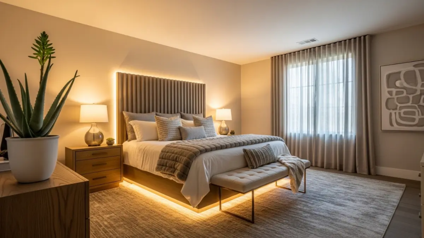 Quarto de casal com iluminação de luxo integrada na cabeceira e pendentes modernos.