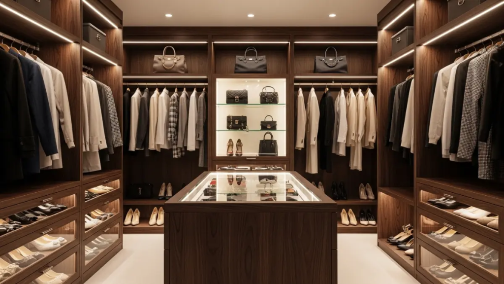 Interior de closet com iluminação interna automática por sensores de presença.