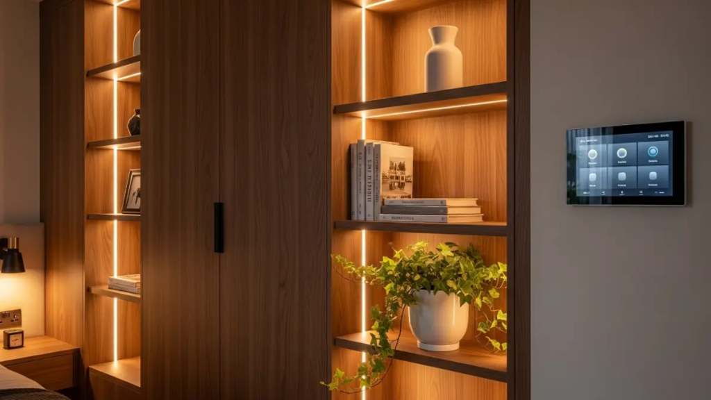 Interior de guarda-roupa com iluminação interna automática por sensores de presença.