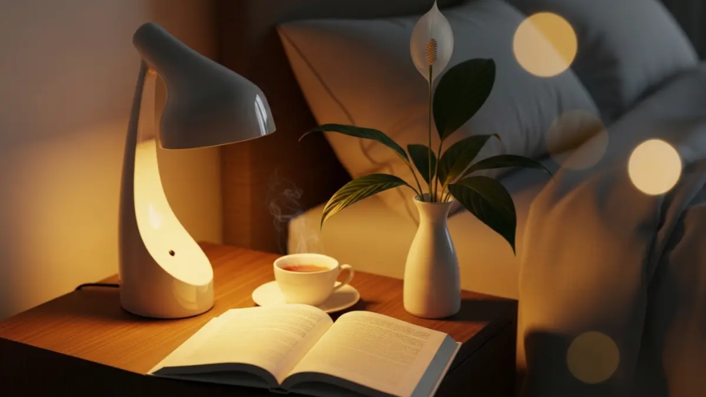 Luminária de mesa com luz amarelada quente de 3000K sobre mesa de cabeceira.