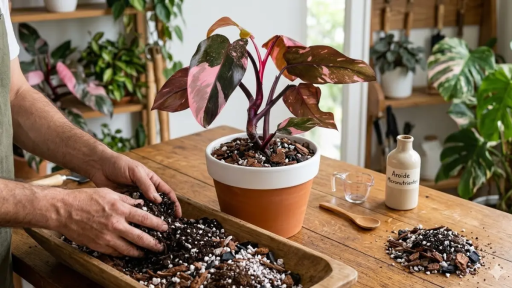 Preparo de substrato aroid mix com casca de pinus, perlita e húmus para Philodendron Pink Princess em mesa de madeira.
