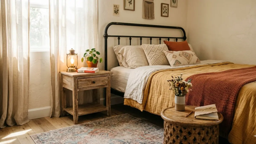 Close-up de duas mesas de cabeceira diferentes em um quarto de casal boho