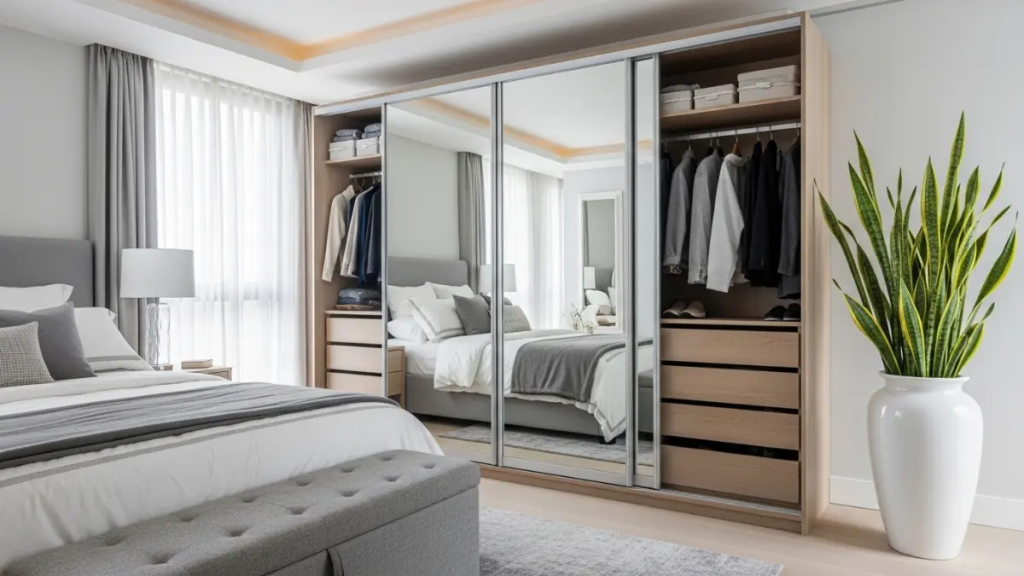 Armário com portas de correr espelhadas e pufe baú em projeto de decoração de quarto de casal funcional.