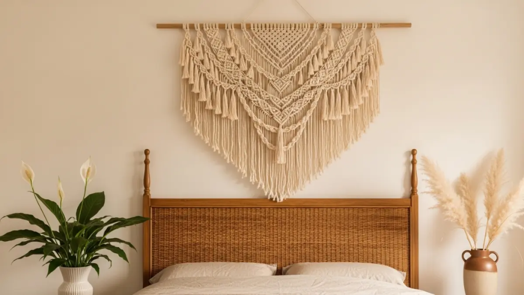 Painel de macramê artesanal pendurado em parede off-white acima da cabeceira da cama.