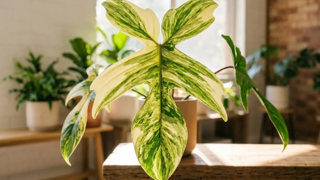 Folha variegada de Philodendron Florida Beauty sob luz solar filtrada.