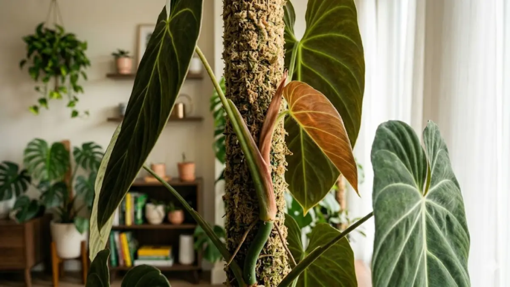 Close-up de uma nova folha de Philodendron Melanochrysum lutando para sair da bainha protetora (catáfilo), mostrando a textura aveludada "pegajosa".