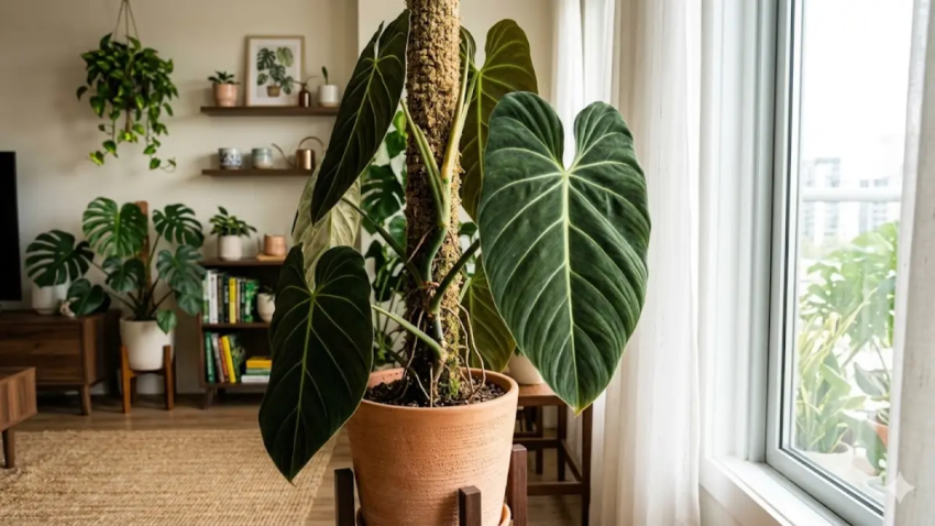 Macro de alta resolução mostrando a textura aveludada verde-escura profunda e as nervuras douradas de uma folha madura de Philodendron Melanochrysum.