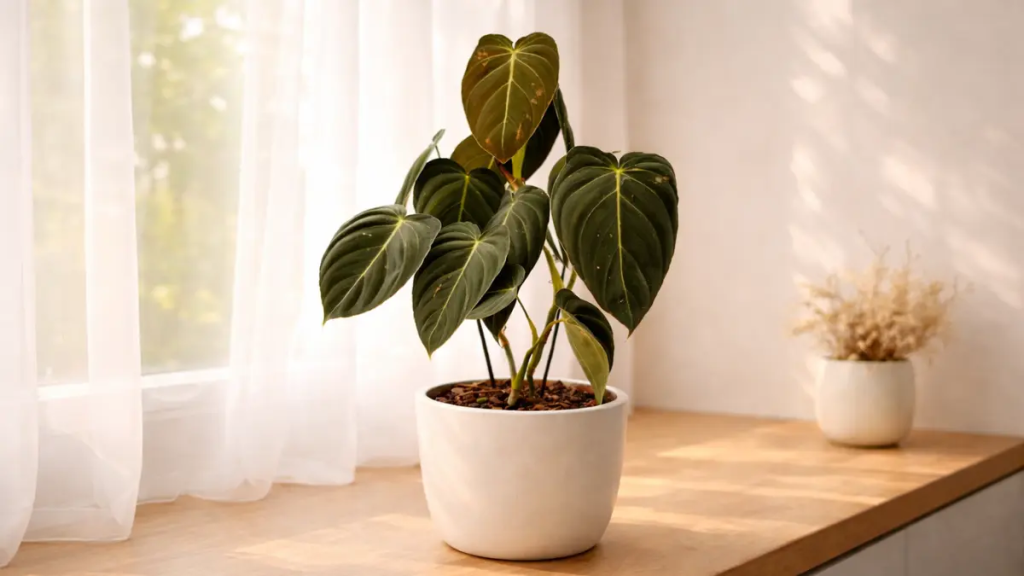 Um Philodendron Melanochrysum majestoso posicionado em uma bancada proximo a uma janela.