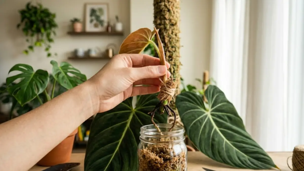 Mãos de um cultivador segurando uma estaca de caule de Philodendron Melanochrysum com um nó e uma raiz aérea saudável, pronta para o enraizamento.