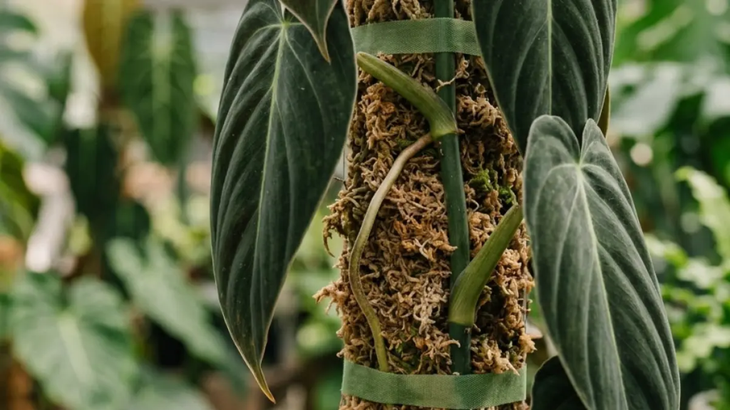 Philodendron Melanochrysum escalando um tutor de musgo esfagno.