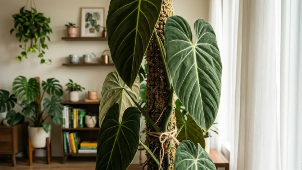 Um Philodendron Melanochrysum escalando um tutor de musgo esfagno úmido, com as folhas do topo visivelmente maiores do que as da base.