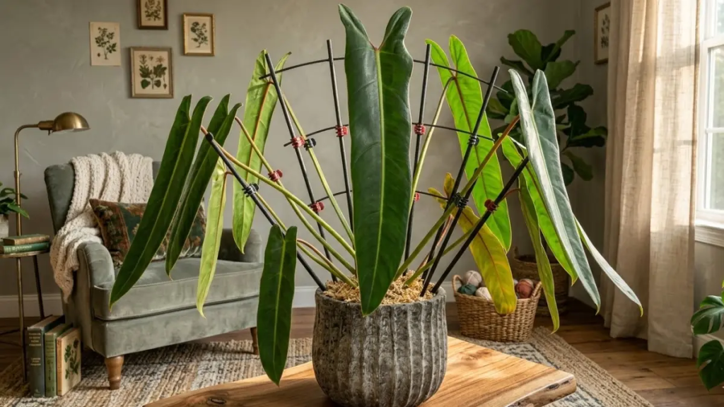 Raro Philodendron Spiritus Sancti em sala de estar aconchegante com decoração biofílica e luz natural.