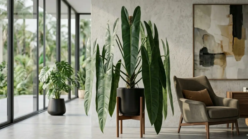 Fotografia fotorrealista em alta resolução de uma planta madura de Philodendron Spiritus Sancti em um vaso cerâmico preto, exibida em uma sala de estar moderna e luxuosa com iluminação natural.