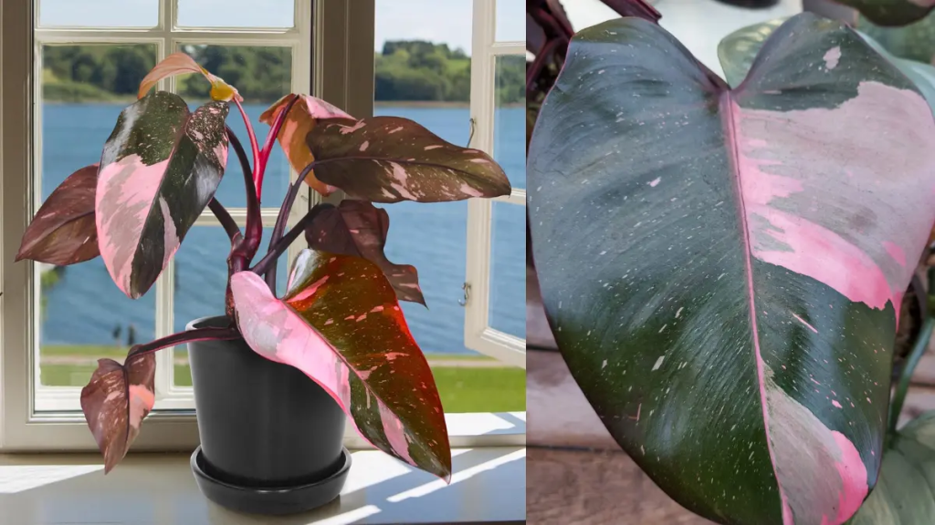 Um Philodendron Pink Princess com folhas variegadas rosa exuberantes em um cachepô preto moderno, sobre uma soleira de janela e na metade da imagem um closeup de uma folha do filodendro rosa. 
