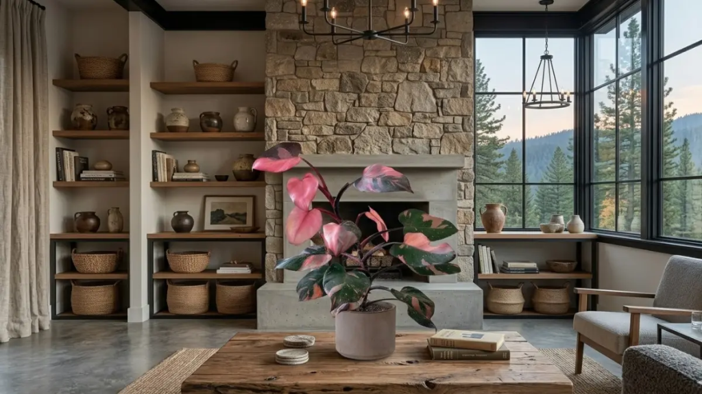 Uma sala de estar rústica moderna e luxuosa, com parede de pedra e lareira de concreto, apresentando um Philodendron Pink Princess em um vaso centralizado sobre uma mesa de centro de madeira bruta, com vista para uma floresta de pinheiros.