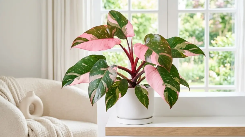 Close-up de um Philodendron Pink Princess extremamente saudável com variegação rosa vibrante 'half-moon' e 'splash' em um cachepô branco moderno sobre uma prateleira de madeira.
