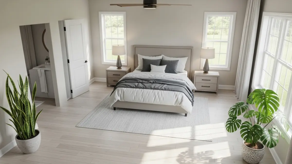 Planejamento de layout e circulação em decoração de quarto de casal com móveis minimalistas e paleta de cores bege.