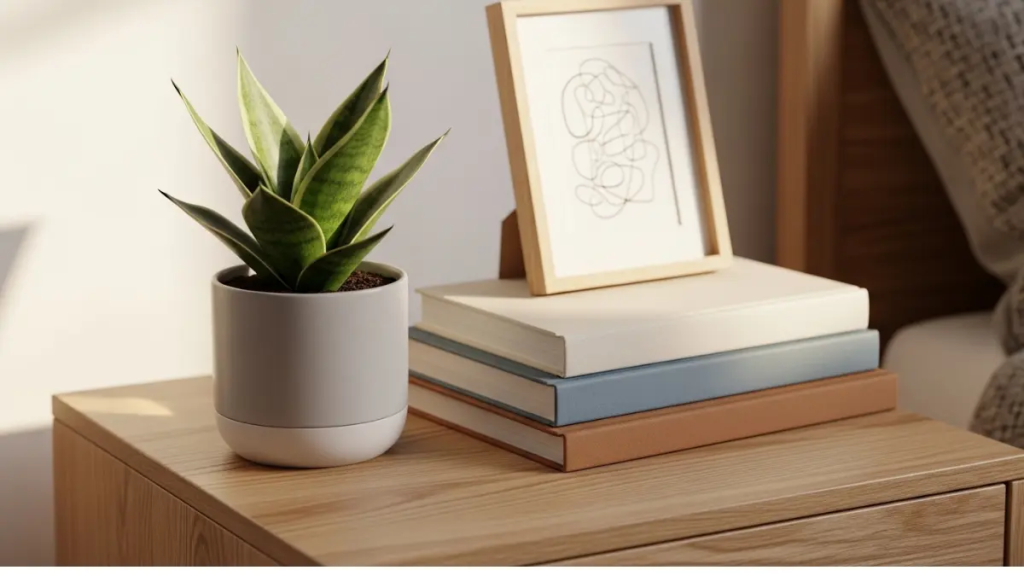 Mesa de cabeceira decorada com planta Jiboia, livros e moldura minimalista em quarto de casal moderno.
