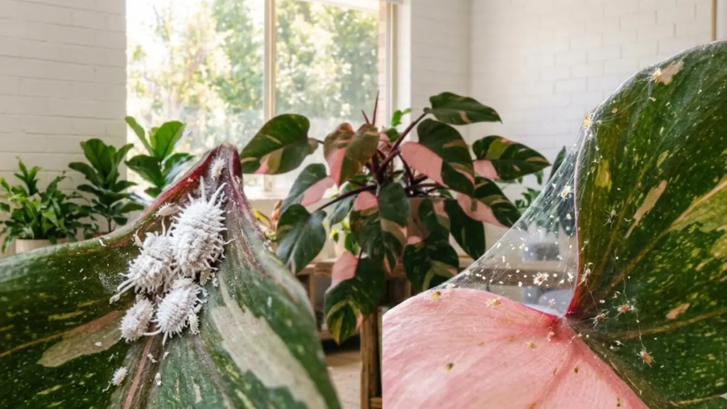 Close-up de cochonilhas brancas e ácaros em folha de filodendro.