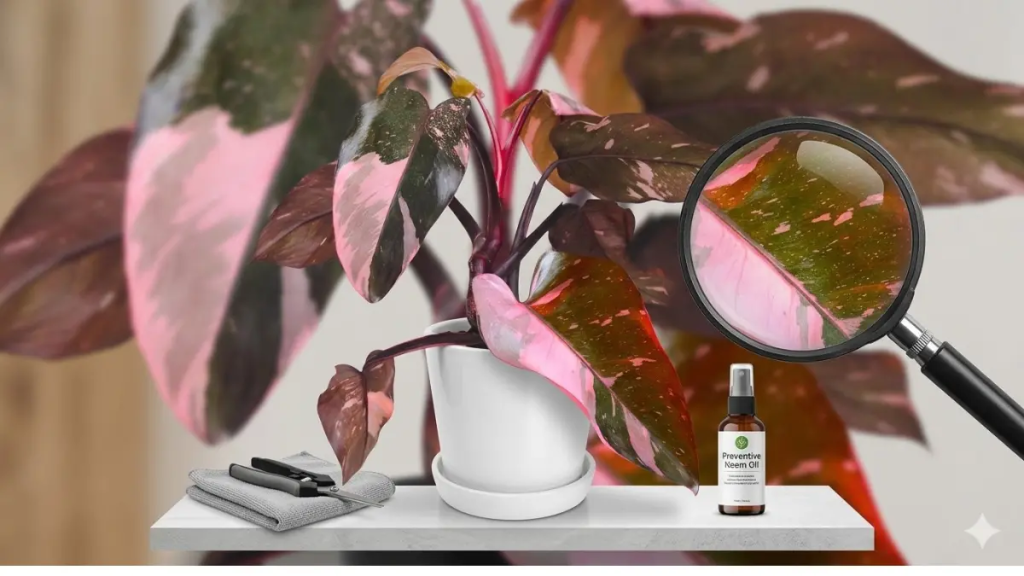 Exame de pragas em folha de Philodendron Pink Princess com lente de aumento e frasco de óleo de neem preventivo.