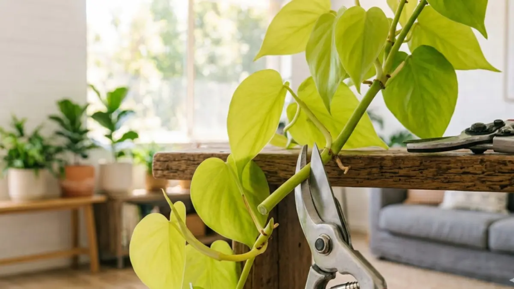 Tesoura de poda fazendo corte em nó de Filodendro Neon para propagação.
