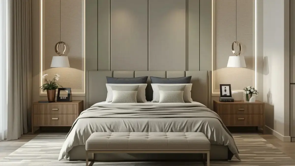 Quarto de casal moderno com paleta de cores neutras perfeita psicologia do sono.