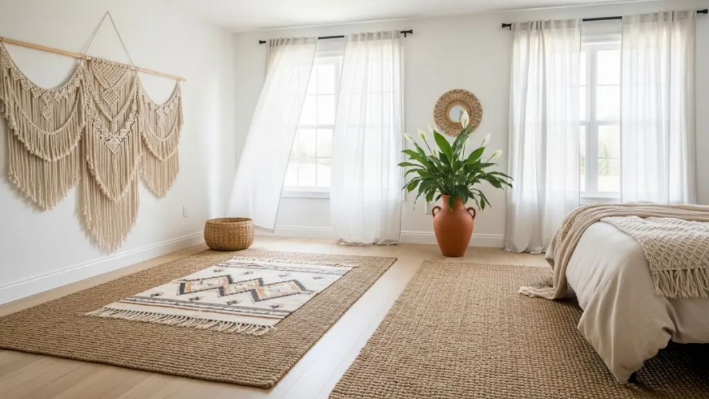 Visão geral de quarto de casal boho chic com tapetes sobrepostos e cortinas de linho.
