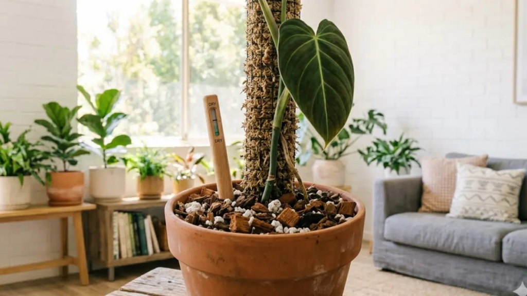 Philodendron Melanochrysum escalando um tutor de musgo esfagno.
